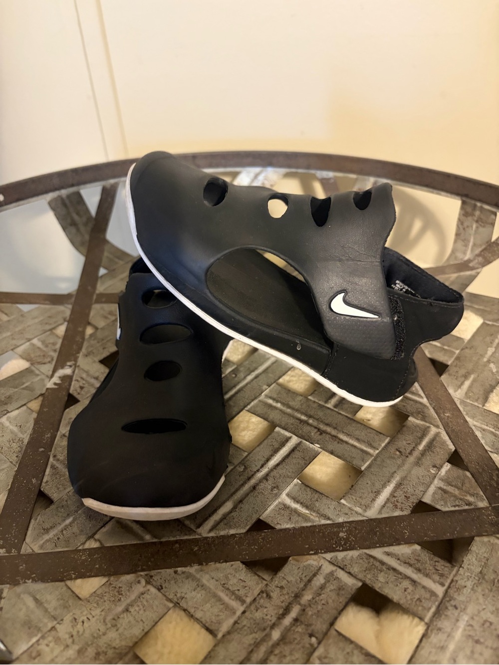 Nike Black Kids Slip-On Cutout Sandals with White Swoosh